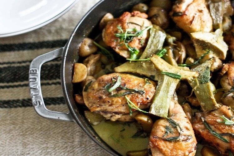 Crispy Braised Chicken Thighs with Artichoke by Feasting at Home